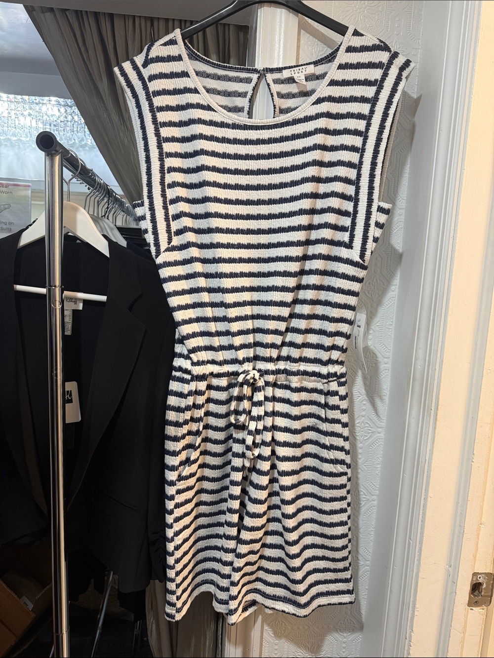 Tribal Sport Striped Sleeveless Drawstring Romper - White & Navy